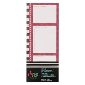 Happy Planner Horizon Lines Classic Folded Fill Paper pre-punched folded sheets with different categories on a white background