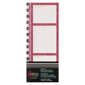 Happy Planner Horizon Lines Classic Folded Fill Paper pre-punched folded sheets with different categories on a white background