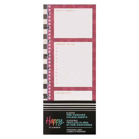 Happy Planner Horizon Lines Classic Folded Fill Paper pre-punched folded sheets with different categories on a white background