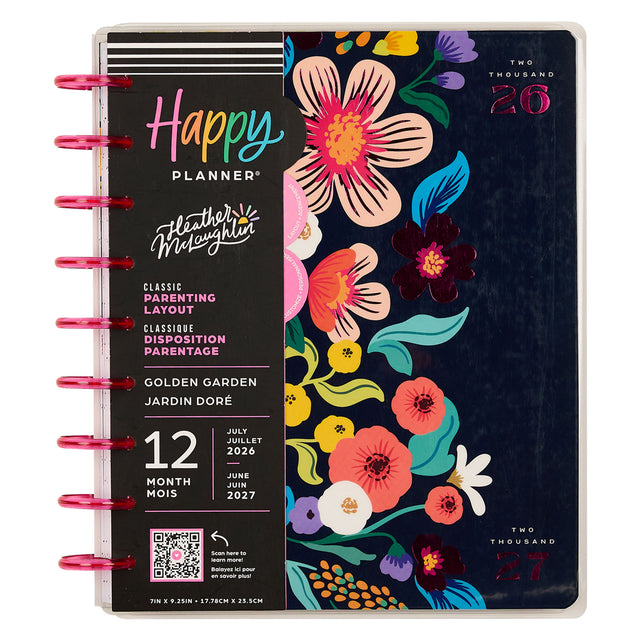 Happy Planner 2026 - 2027 Golden Garden Mom Classic 12 Month Dated - Parenting planner with floral design on a white background