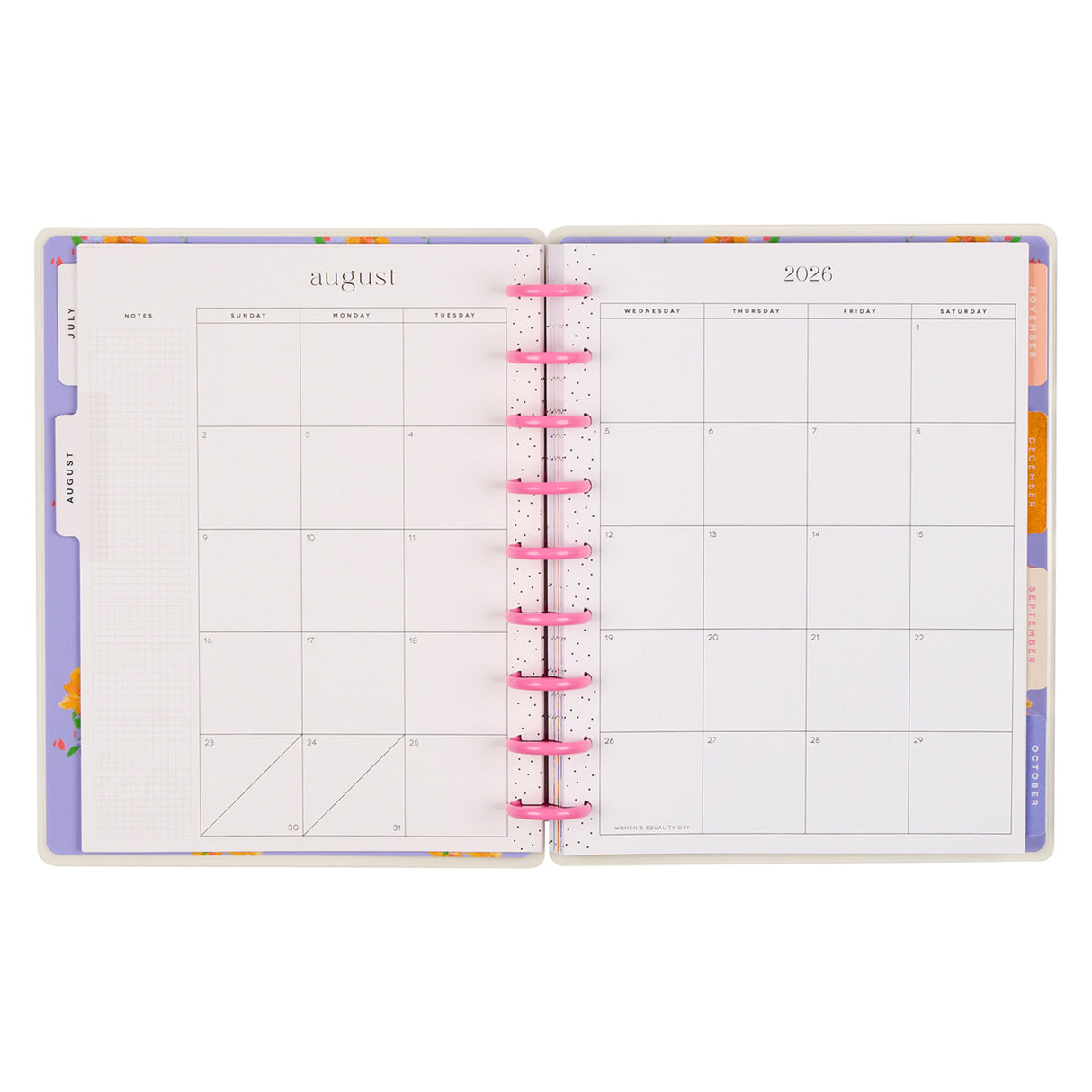 Open planner with colorful tabs on a white background