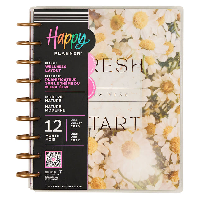 Happy Planner 2026 - 2027 Modern Nature Wellness Classic 12 Month Dated with floral design and text on a white background
