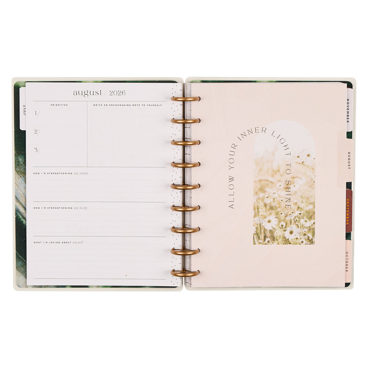 Open Happy Planner 2026 - 2027 Modern Nature Wellness Classic 12 Month Dated planner with floral design and motivational quote on a white background