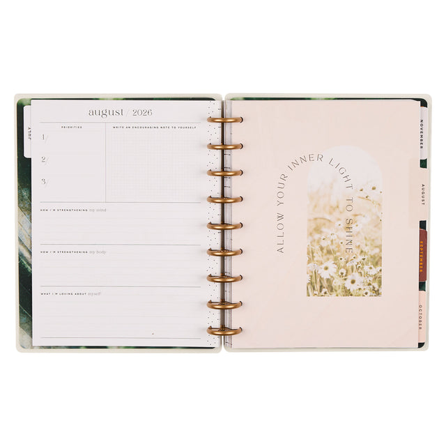 Open Happy Planner 2026 - 2027 Modern Nature Wellness Classic 12 Month Dated planner with floral design and motivational quote on a white background