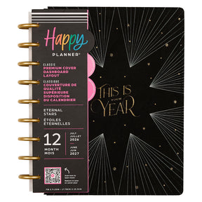 Happy Planner 2026 - 2027 Eternal Stars Classic Dashboard 12 Month Dated planner with black velvet cover and gold accents