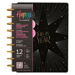 Happy Planner 2026 - 2027 Eternal Stars Classic Dashboard 12 Month Dated planner with black velvet cover and gold accents
