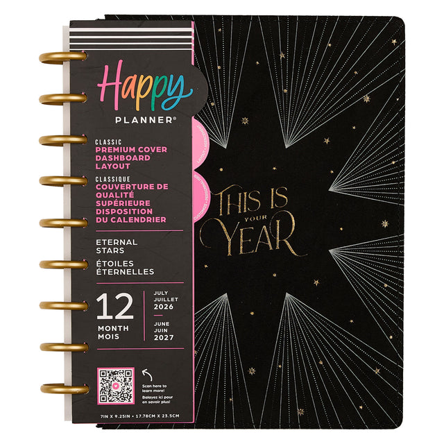 Happy Planner 2026 - 2027 Eternal Stars Classic Dashboard 12 Month Dated planner with black velvet cover and gold accents