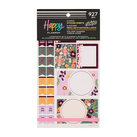 Happy Planner Golden Garden Sticker Book with floral and functional designs on a white background.