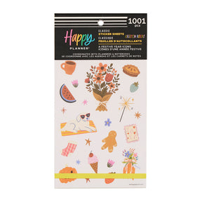 Happy Planner Festive Year Icons Sticker Book with various descortive sticker designs on a white background