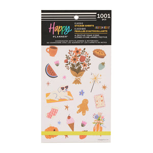 Happy Planner Festive Year Icons Sticker Book with various descortive sticker designs on a white background