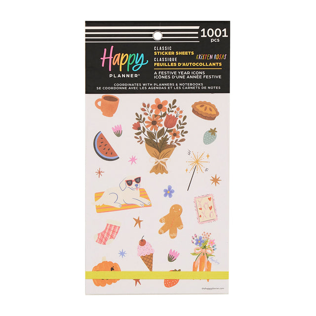 Happy Planner Festive Year Icons Sticker Book with various descortive sticker designs on a white background