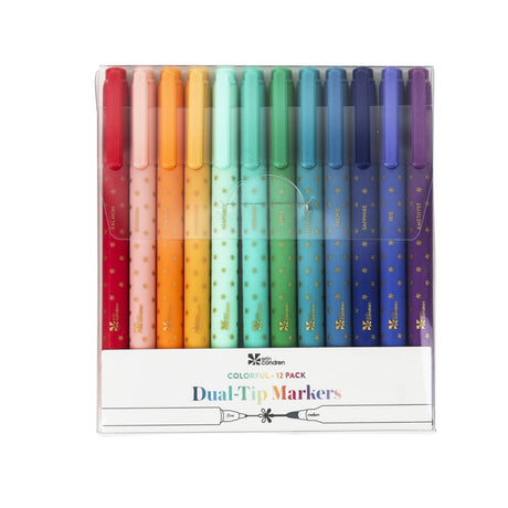 Erin Condren Dual-Tip Markers 12-pack - Asterisk Colorful Set of dual-tip markers in various colours with a white background