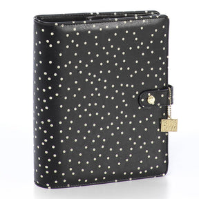 Carpe Diem Black Speckle A5 Ring Planner with a faux leather cover, an elastic pen loop, and metal corner accents.