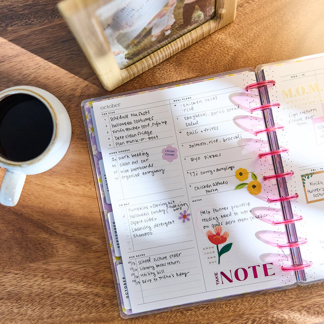 Happy Planner 2026 - 2027 Golden Garden Mom Classic 12 Month Dated - Parenting planner with a cup of coffee on a wooden surface