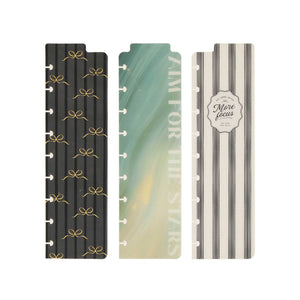 Three Happy Planner Modern Balance Classic Bookmarks with black bows, a green marbled pattern and black-and-white stripes