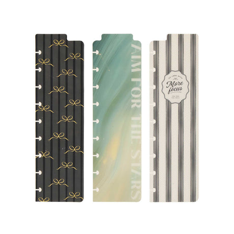 Three Happy Planner Modern Balance Classic Bookmarks with black bows, a green marbled pattern and black-and-white stripes