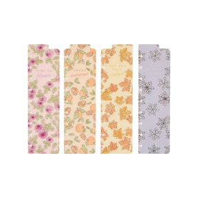 Four Happy Planner Seasonal Sidewalks Classic Bookmarks with roses, peaches, autumn leaves and snowflakes