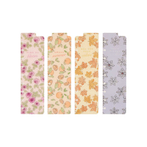 Four Happy Planner Seasonal Sidewalks Classic Bookmarks with roses, peaches, autumn leaves and snowflakes