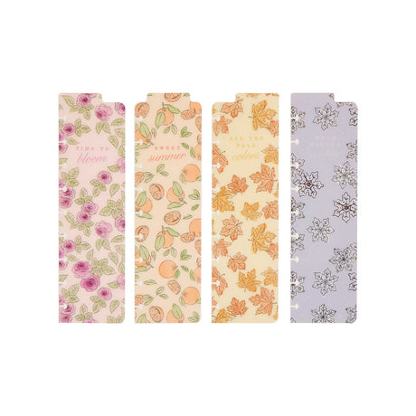 Four Happy Planner Seasonal Sidewalks Classic Bookmarks with roses, peaches, autumn leaves and snowflakes