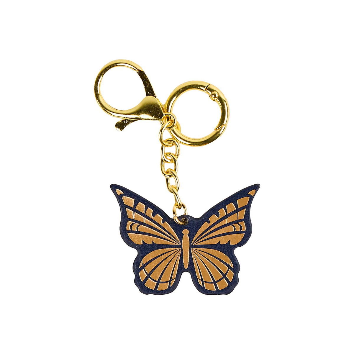 Butterfly planner charm showing gold-coloured wing details, dark blue edging and gold-tone chain