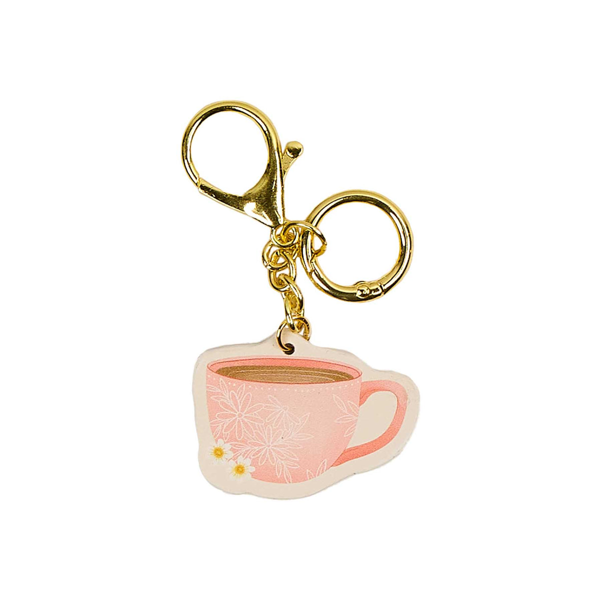 Pink coffee cup planner charm with floral details, gold-tone chain, clasp and ring