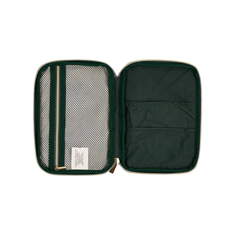 Butterfly corduroy pouch open with green interior, mesh pocket and storage compartments