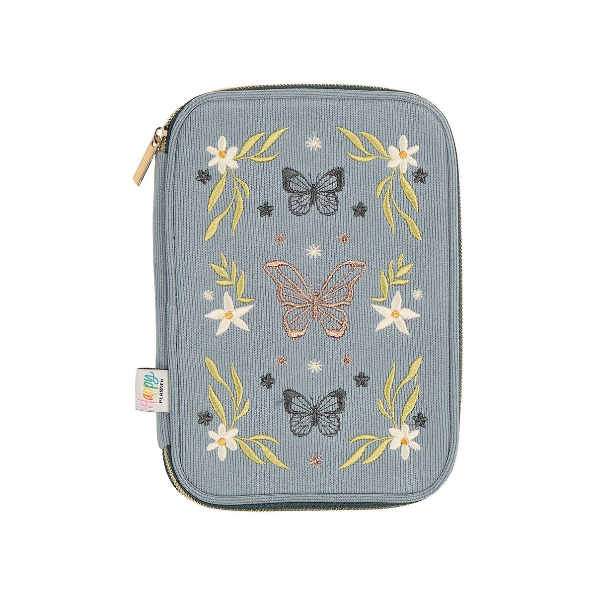 Happy Planner Butterfly zip pouch in blue corduroy with floral embroidery