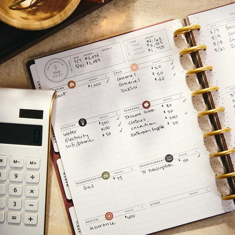 Amber & Oak handwritten monthly budget categories and expenses on disc-bound pages