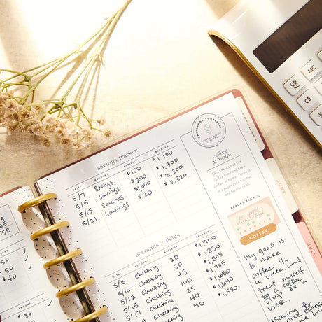 Amber & Oak Budget Planner savings tracker and coffee at home pages with gold discs