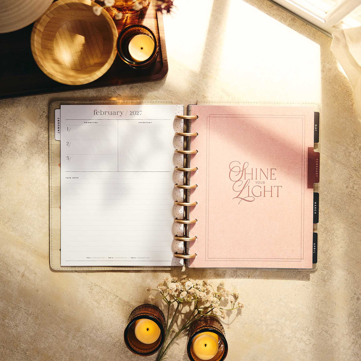 Happy Planner Amber & Oak Classic Dashboard Planner 2027 - February 2027 calendar beside Shine Your Light divider