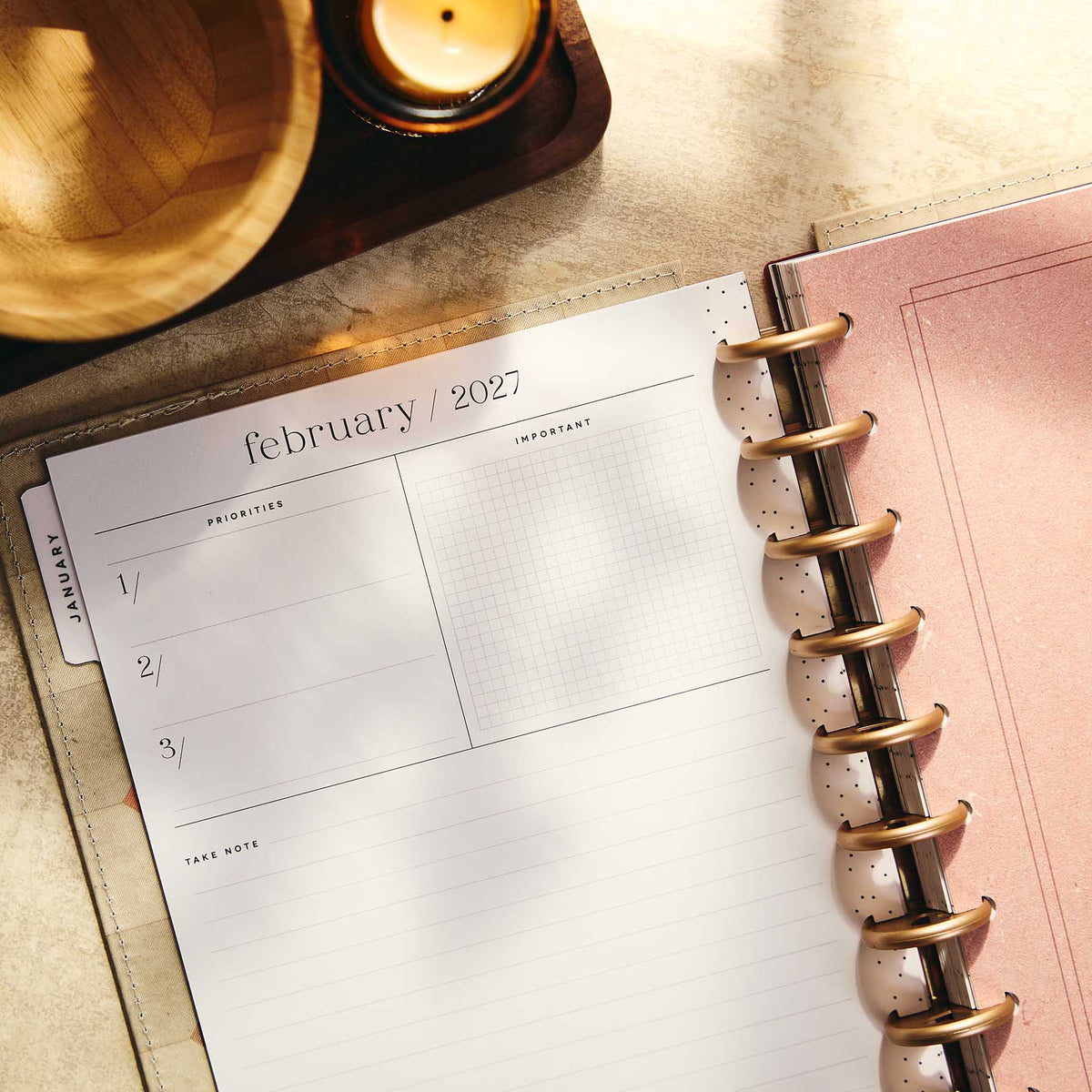 Happy Planner Amber & Oak Classic Dashboard Planner 2027 - February 2027 dashboard with priorities and notes