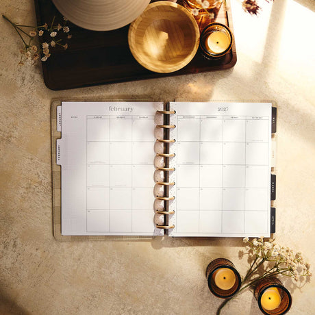 Happy Planner Amber & Oak Classic Dashboard Planner 2027 - February monthly spread with disc binding
