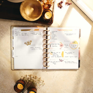 Happy Planner Amber & Oak Classic Dashboard Planner 2027 - monthly pages with handwritten plans and stickers