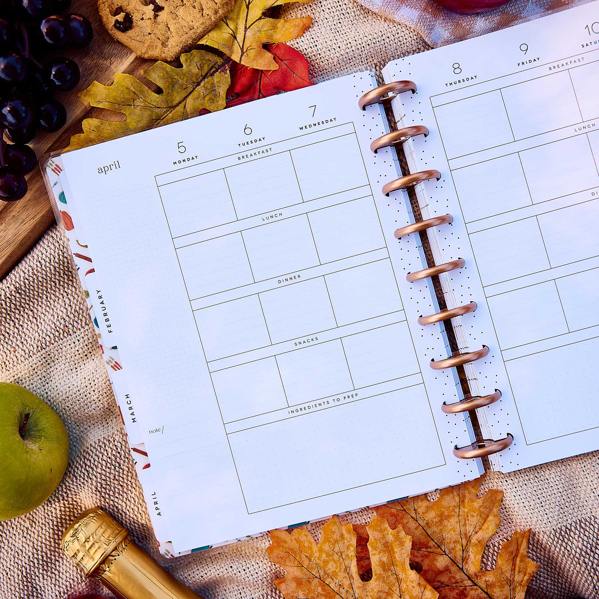 Fall Picnic weekly meal planning pages displayed with autumn leaves and fruit