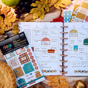 Happy Planner weekly meal plan decorated with Fall Picnic Meal Planning boxes and autumn kitchen stickers