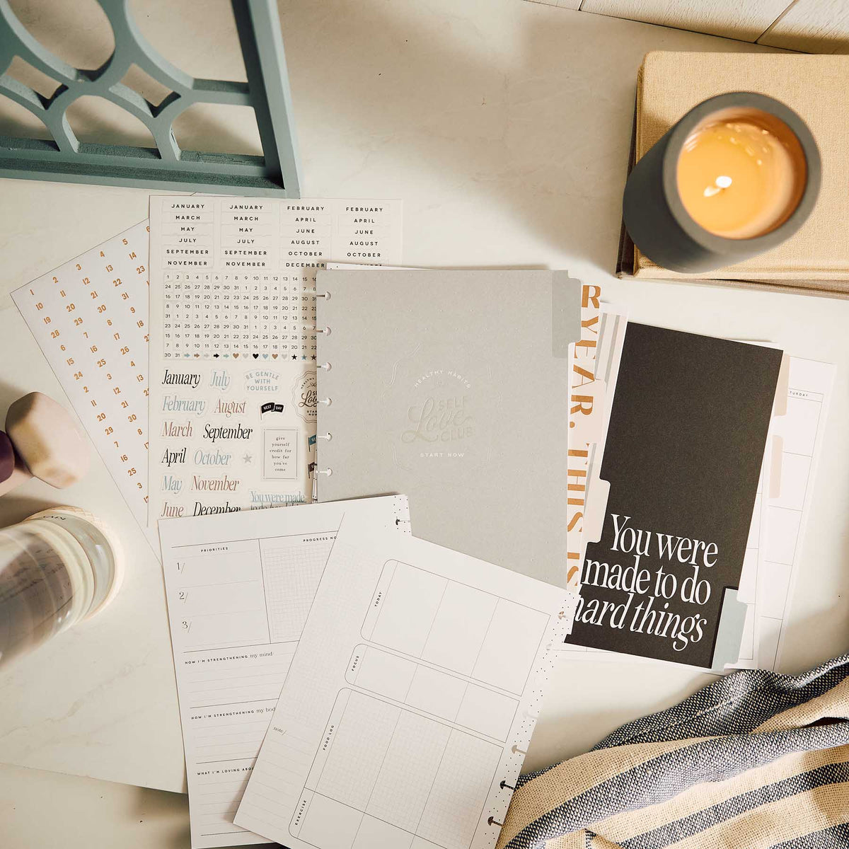 Happy Planner Haven & Heart Fitness calendar pages, notebooks and motivational card