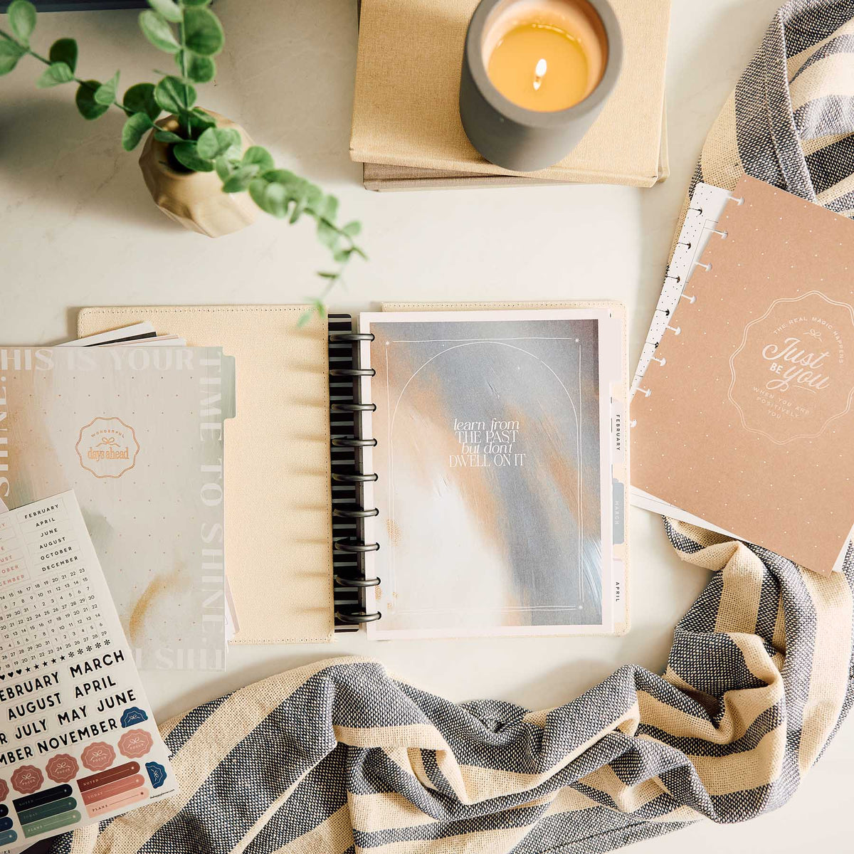 Modern Balance extension pages in a disc-bound planner with calendar, stickers and coffee