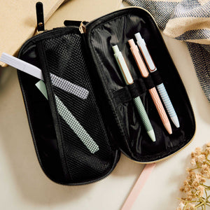 Onyx zip pouch open with colourful pens, mesh pocket and elastic loops