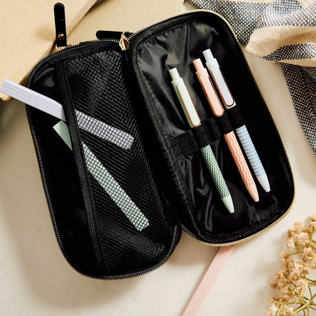 Onyx zip pouch open with colourful pens, mesh pocket and elastic loops