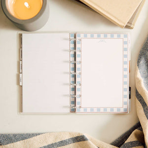 Open Mini planner with Modern Balance blue and white bordered pages