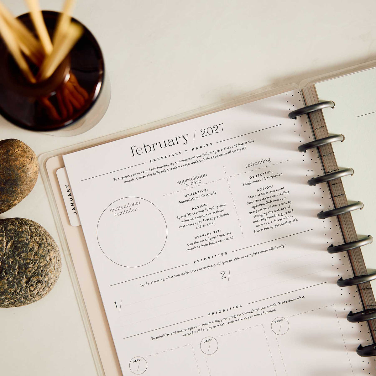 Hushed Hues Classic Stress Management Planner in a styled setting