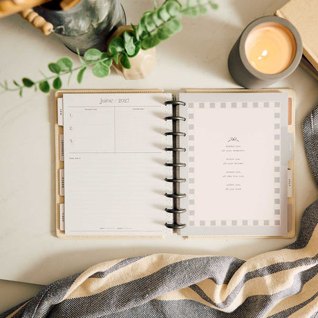 Haven & Heart planner open to June 2027 monthly calendar and dashboard
