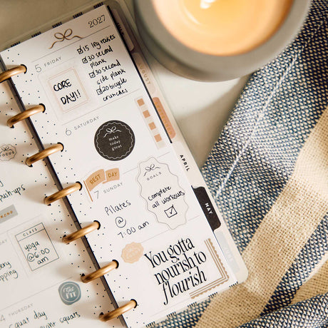 Haven and Heart Skinny Mini planner handwritten plans, gold discs and monthly tabs