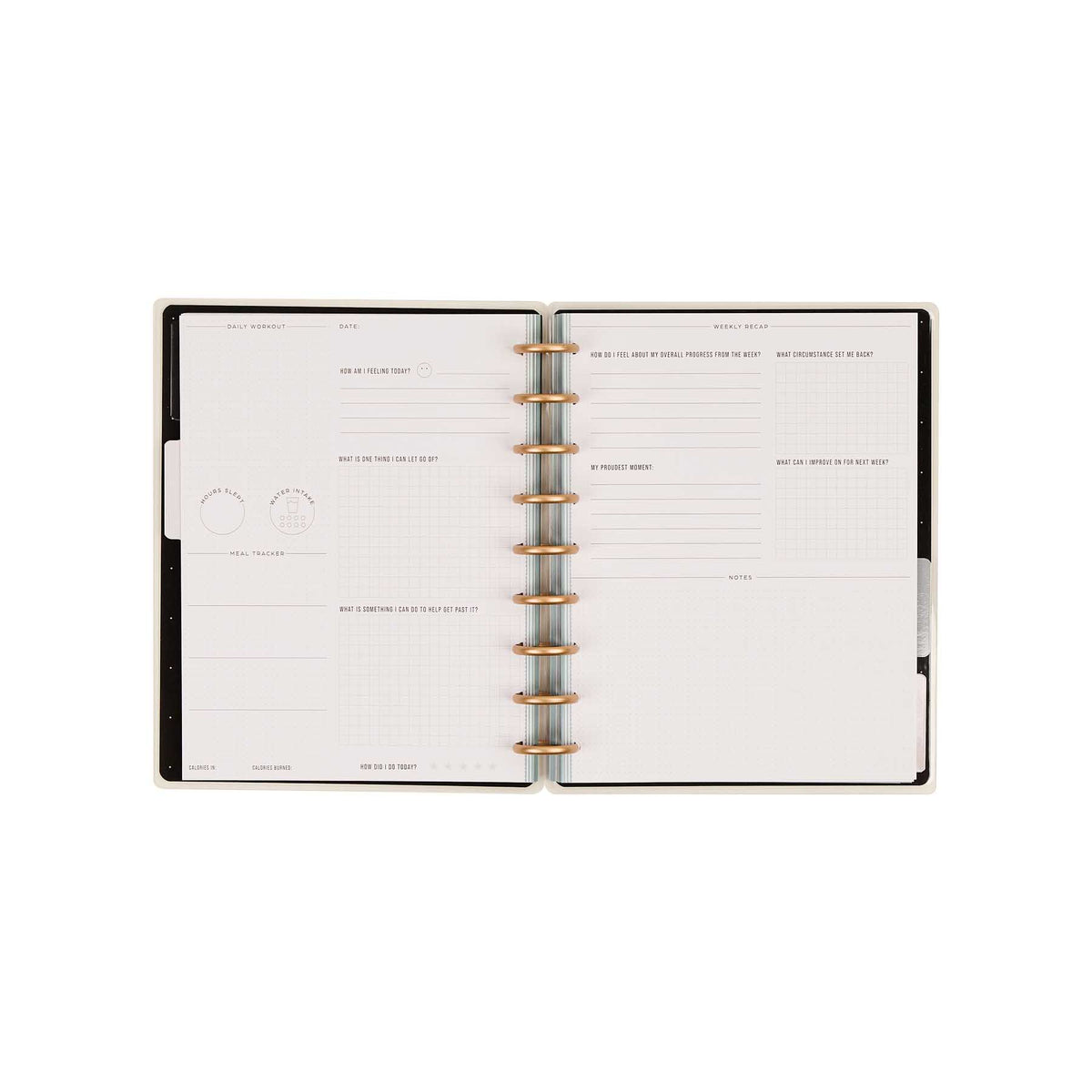 Open Haven & Heart journal with workout and goal prompts