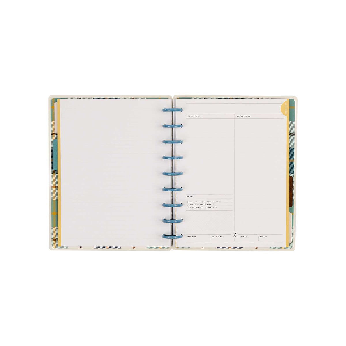 Open Fall Picnic journal with blue discs and guided meal planning pages