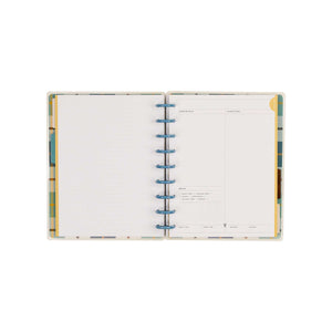 Open Fall Picnic journal with blue discs and guided meal planning pages