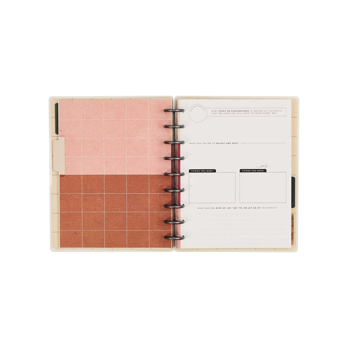 Open Amber & Oak journal with pink and terracotta grids and budget worksheets