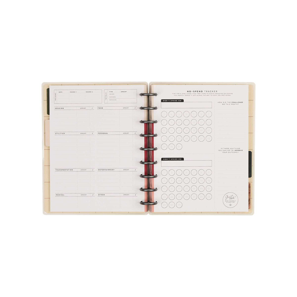 Open Amber & Oak journal with budget, expense and savings tracker pages
