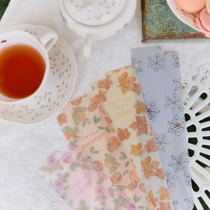 Happy Planner Seasonal Sidewalks seasonal bookmarks arranged beside tea and pastel stationery