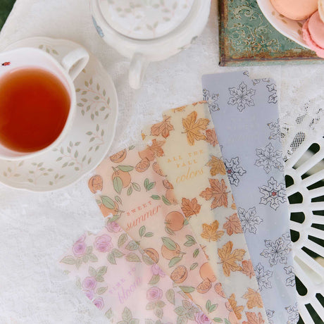 Happy Planner Seasonal Sidewalks seasonal bookmarks arranged beside tea and pastel stationery